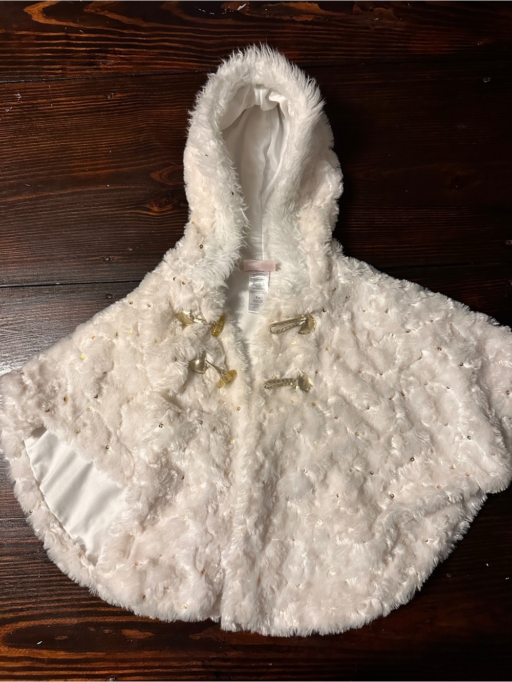 Little Lass White Faux Fur Hooded Cape with Gold Accents